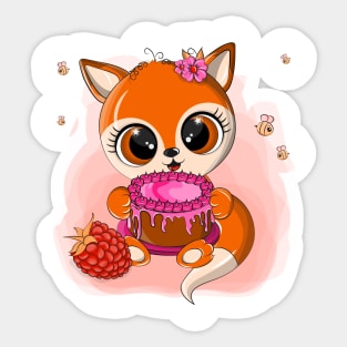 Orange fox with cake in his paws Sticker